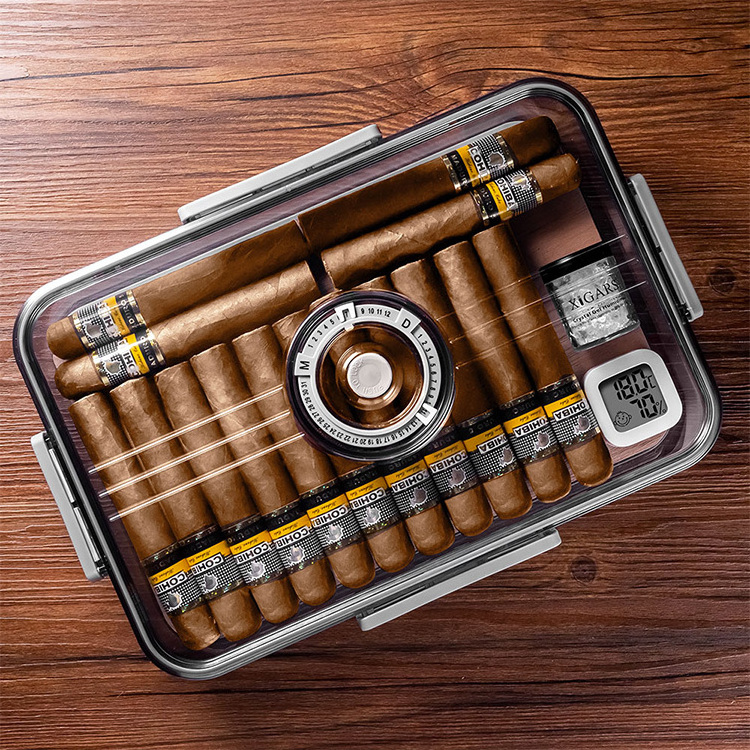 CIGARLOONG sealed and nourished clear cigar box holds 30 cigars, with built-in hygrometer cigar humidor