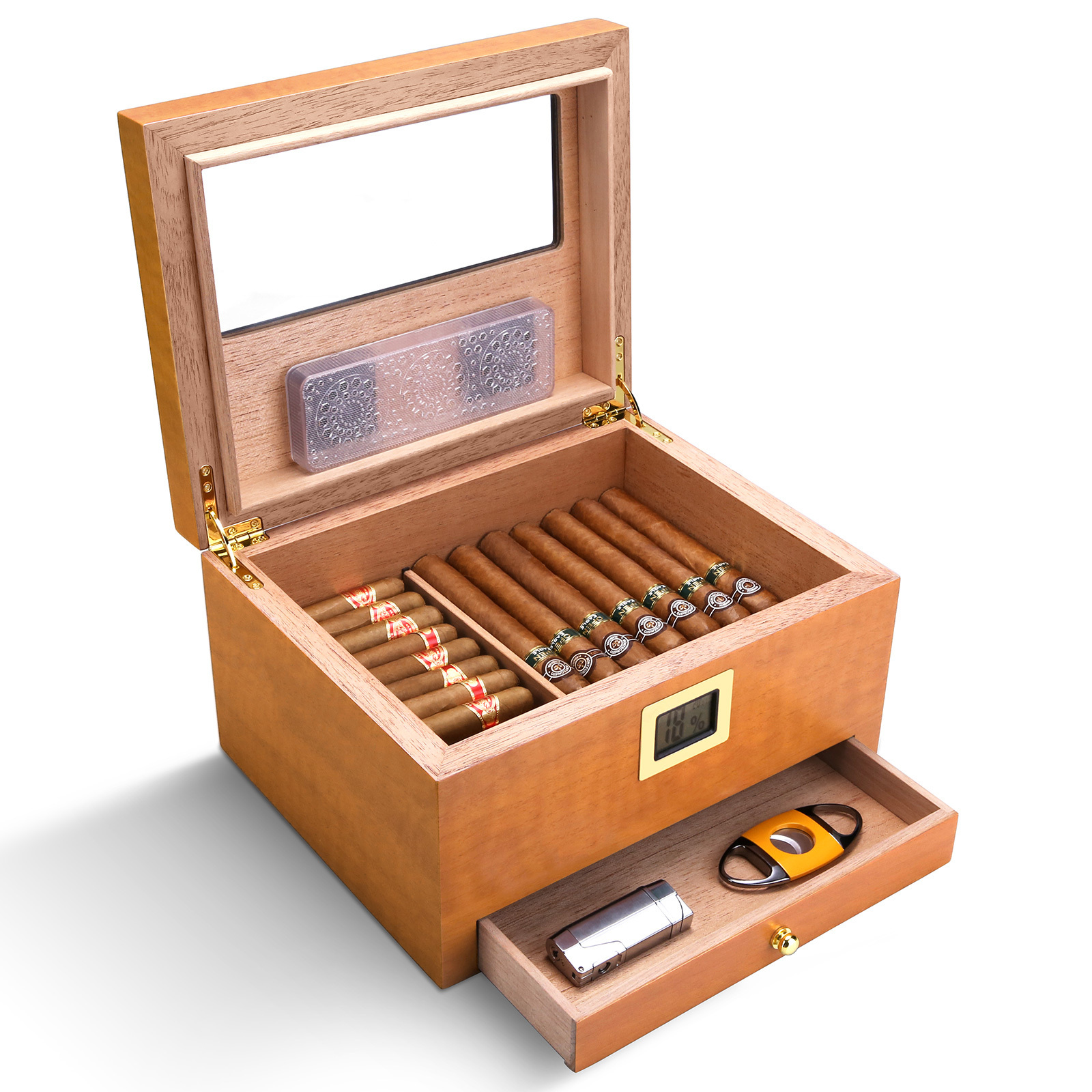 CIGARLOONG Built-in Humidifier and Hygrometer Cigar Humidor, Large Capacity Double Layer with One Drawer Cedar Wood Humidor