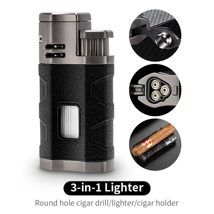 luxury triple jet flame custom cigar lighter wholesale torch butane lighters with cigar cutter for cigars