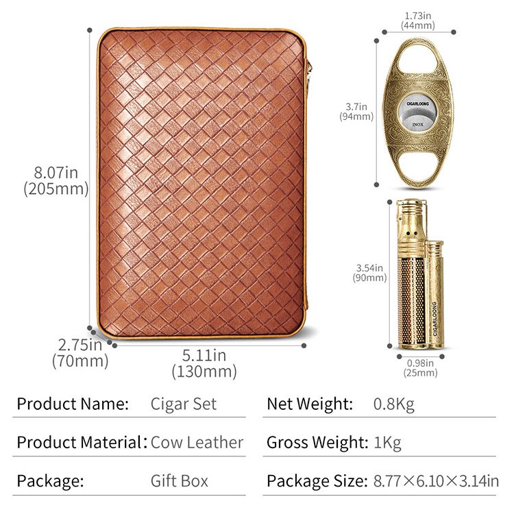 CIGARLOONG Cigar Humidor with Lighter and Cigar Cutter, Portable Travelling Leather Cigar Case Set