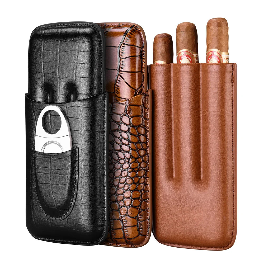 Portable Leather Cigar Case With Cutter 3 Tube Holder Humidor Travel s For Smoking Accessories Tool