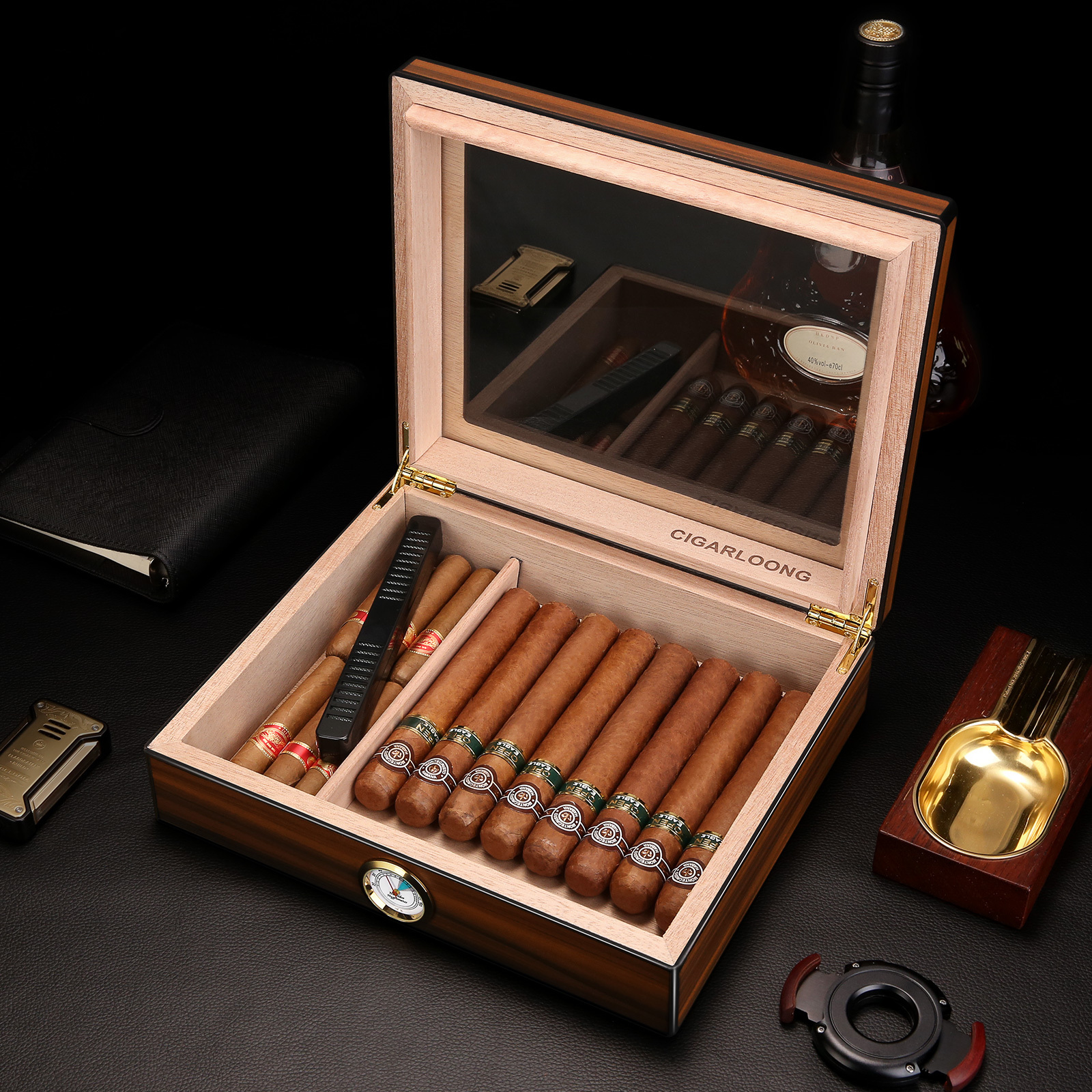 Classic Portable Travel Cigar Humidor with Humidifier and Hygrometer Compartment Cigar Box  display Case