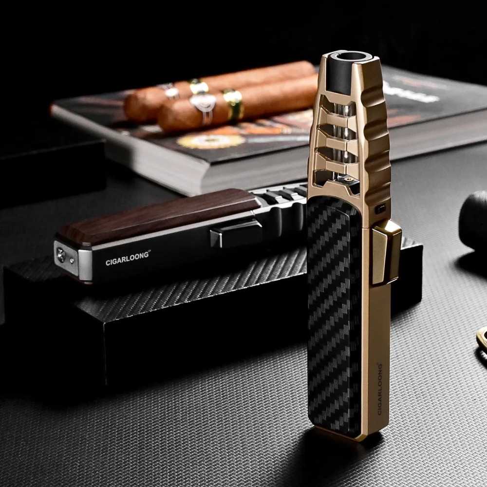 Cigar Big Jet Flames Fire Torch Lighter with Gift Box, Double Barrel Windproof Straight Punch Cigar Lighter