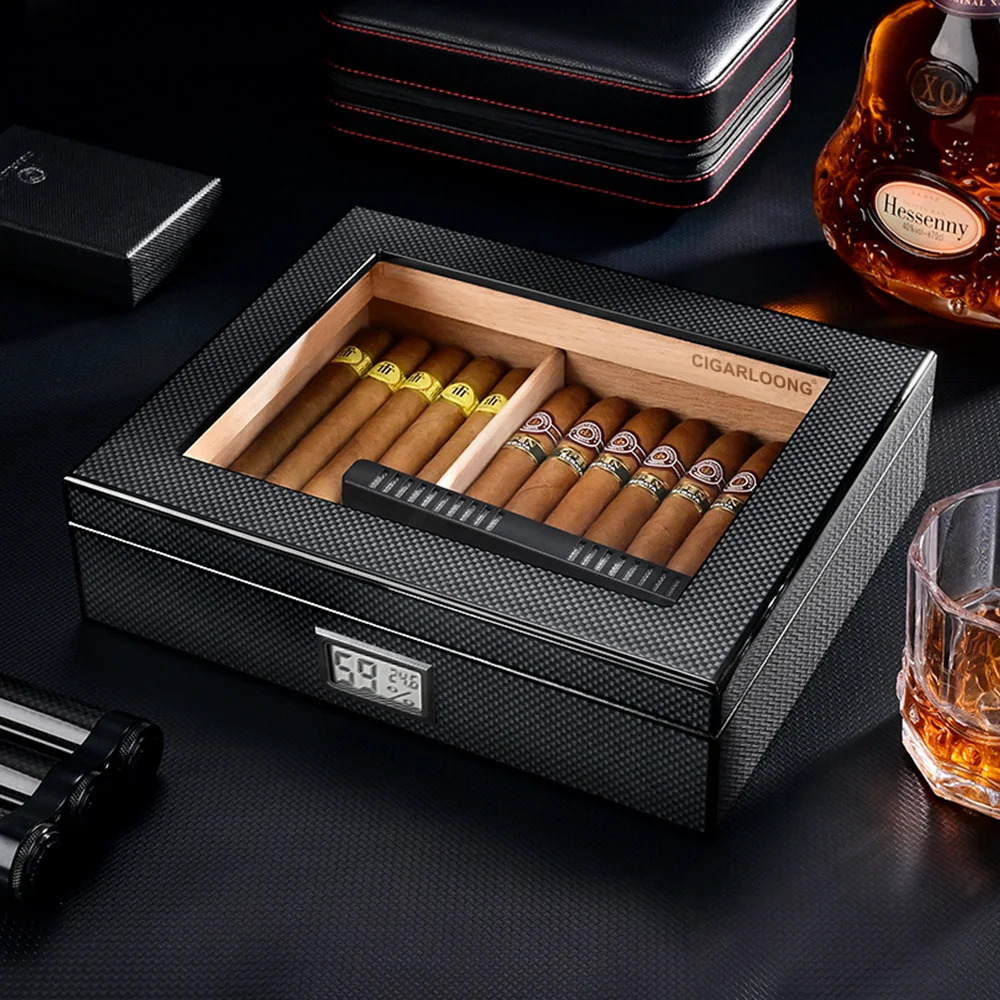 CIGARLOONG Spanish Cedar Wood Cigar Humidor With Hygrometer Humidifier High Transparent Skylight Portable Travel Case