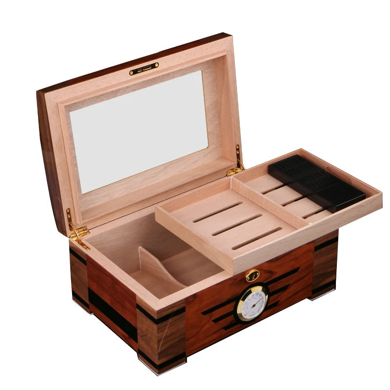 CIGARLOONG Large Capacity Humidor with Hygrometer and Humidifier, Holds Approx.100 Cigars, Double Compartment Cedar Humidor