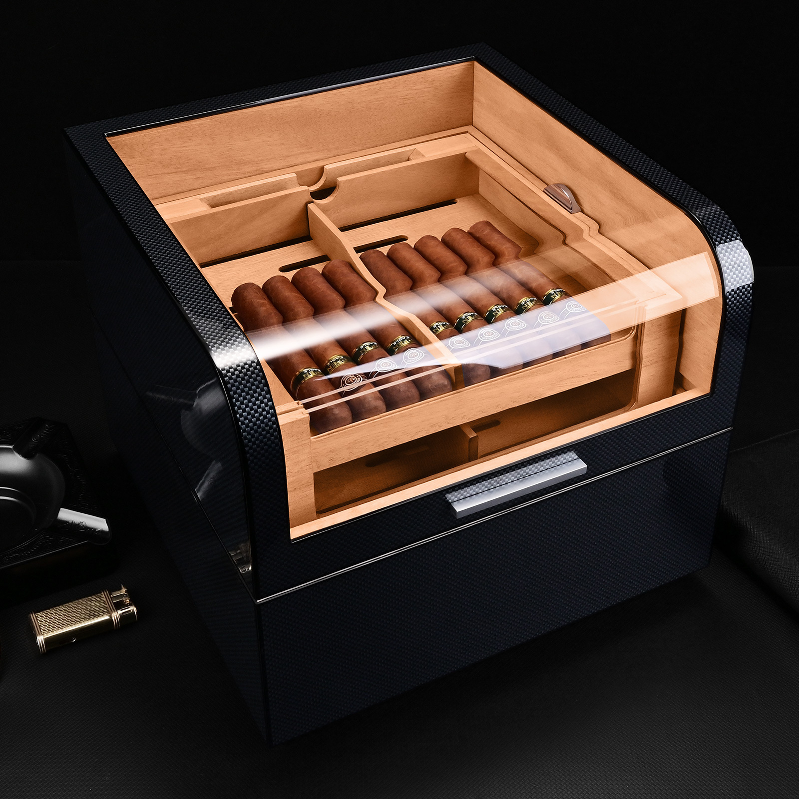 CIGARLOONG Glasstop commercial Cigar Humidor BlackCedar Wood Dispalying Box With Lock cigar cases/humidors