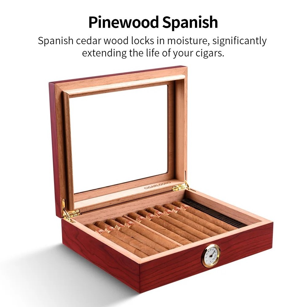 CIGARLOONG Portable Glass Top Wooden Cigar Humidor Case Travel with Humidifier and Hygrometer Compartment cigar holder