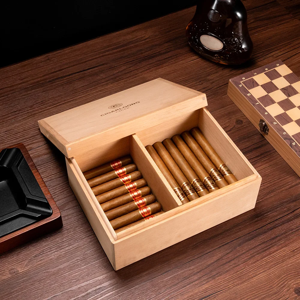 CIGARLOONG Unlacquered cigar box with compartments, Spanish cedar wood large capacity cigar humidor