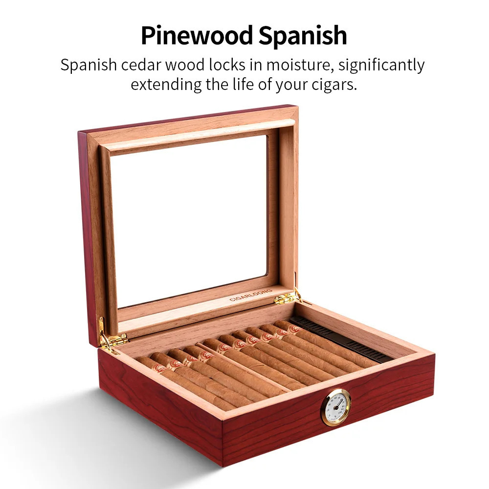 CIGARLOONG Cedar Wood Humidor with Built-in Hygrometer Box Humidifier, Holds 35 Cigars Piano Lacquer Cigar Humidor