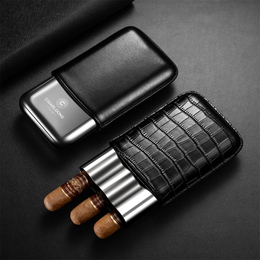 CIGARLOONG 3pcs Gift Wrapped Cigar Accessories, Portable Travel Personalized Cowhide Cigar Case