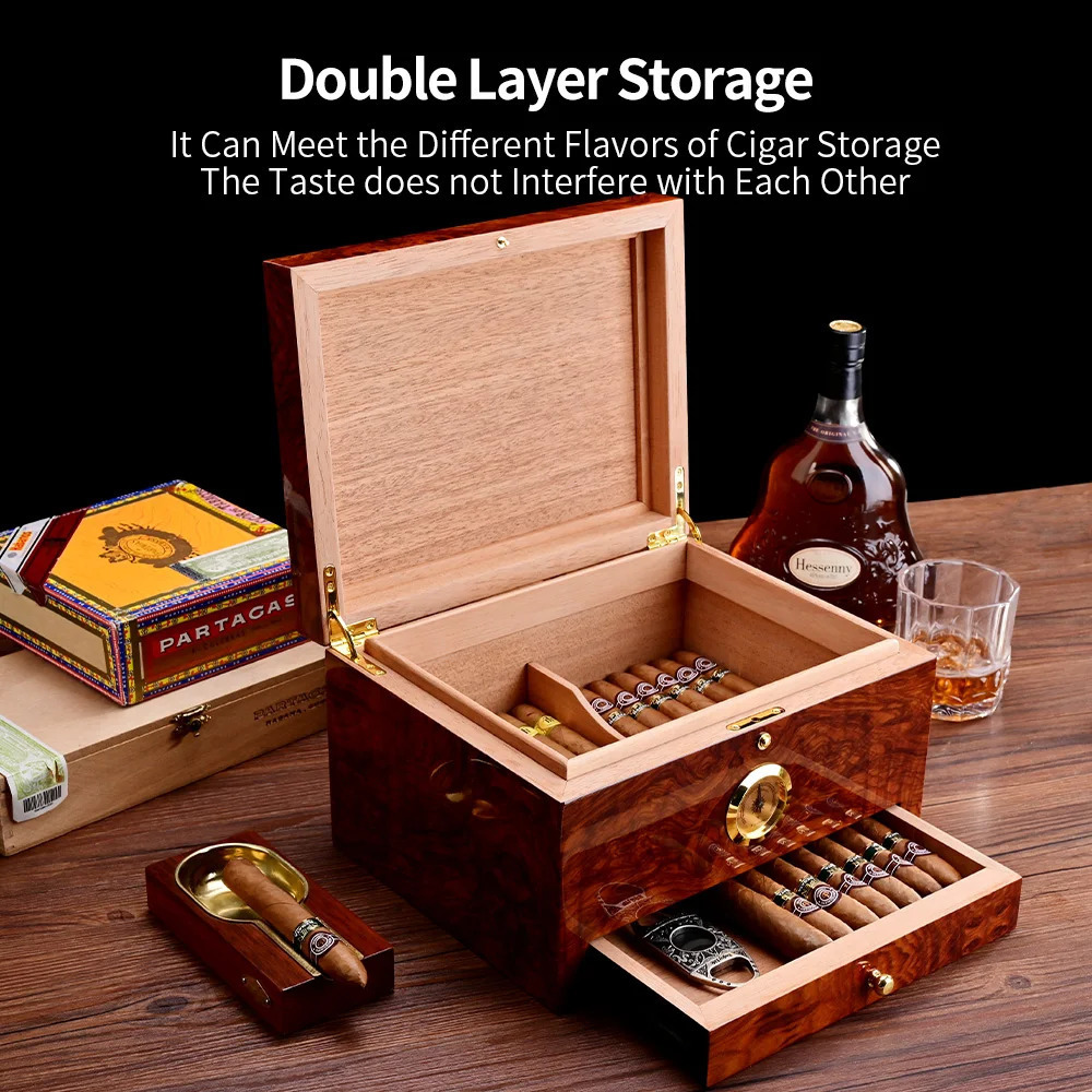 CIGARLOONG Large capacity cigar box for about 50 cigars, double compartment storage original wood grain cedar cigar humidor