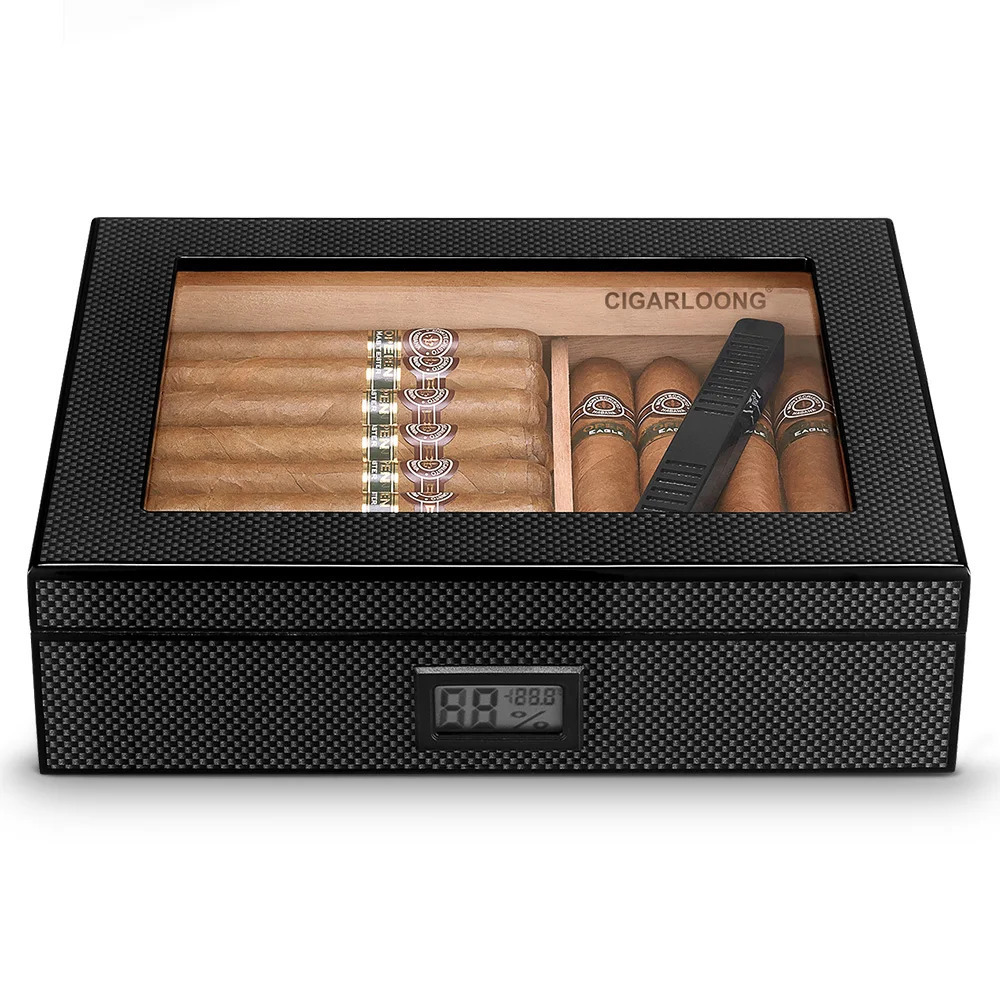 CIGARLOONG Spanish Cedar Wood Cigar Humidor With Hygrometer Humidifier High Transparent Skylight Portable Travel Case