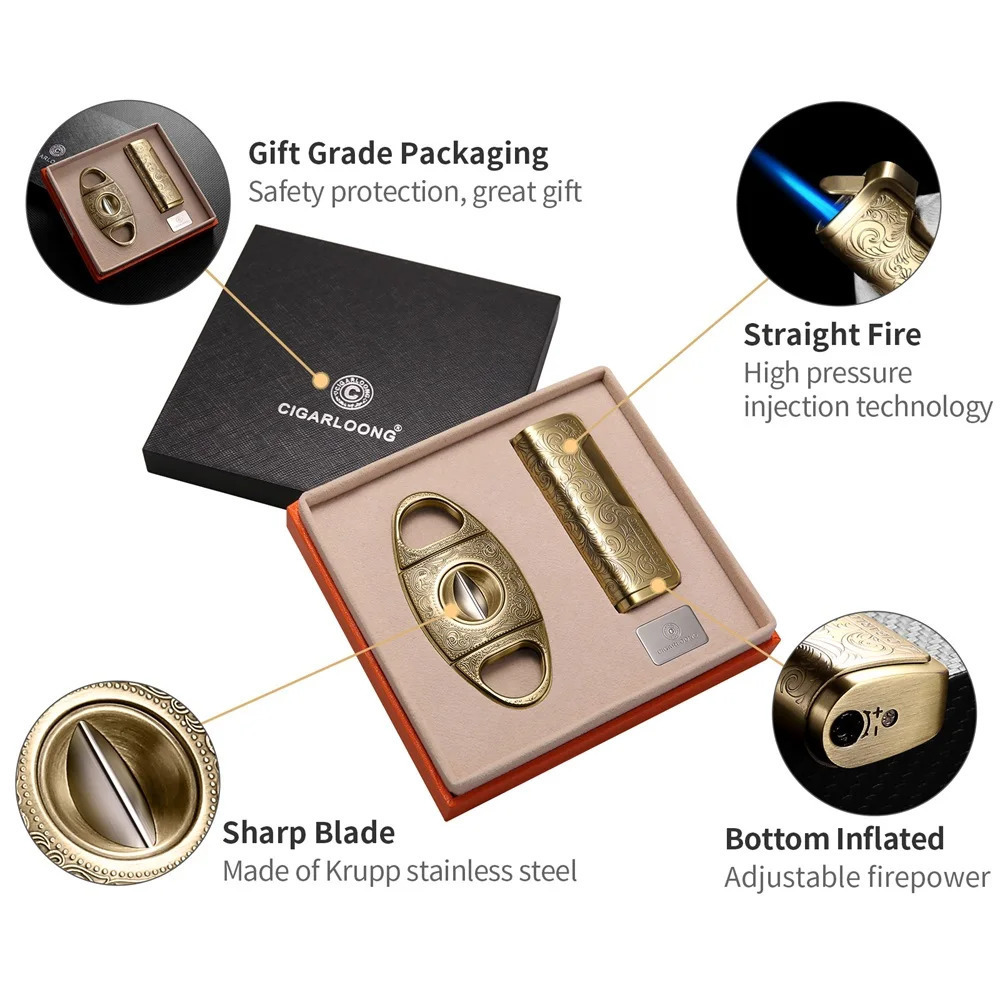 Metal Lighter Cigar Cutter V Cut Set Sharp Guillotine Windproof Lighter Luxury Carved With Gift Box Smoking Accessories