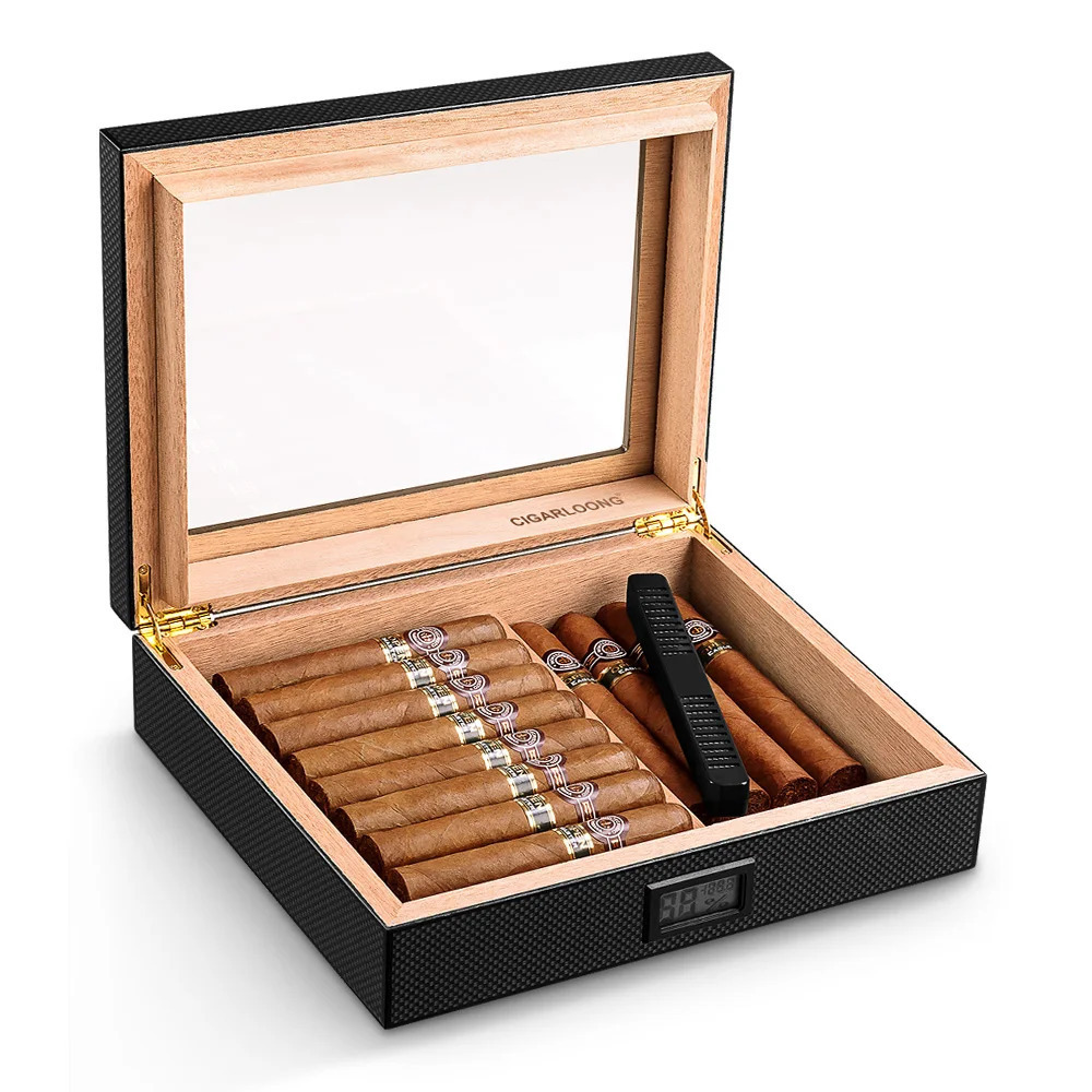 CIGARLOONG Spanish Cedar Wood Cigar Humidor With Hygrometer Humidifier High Transparent Skylight Portable Travel Case