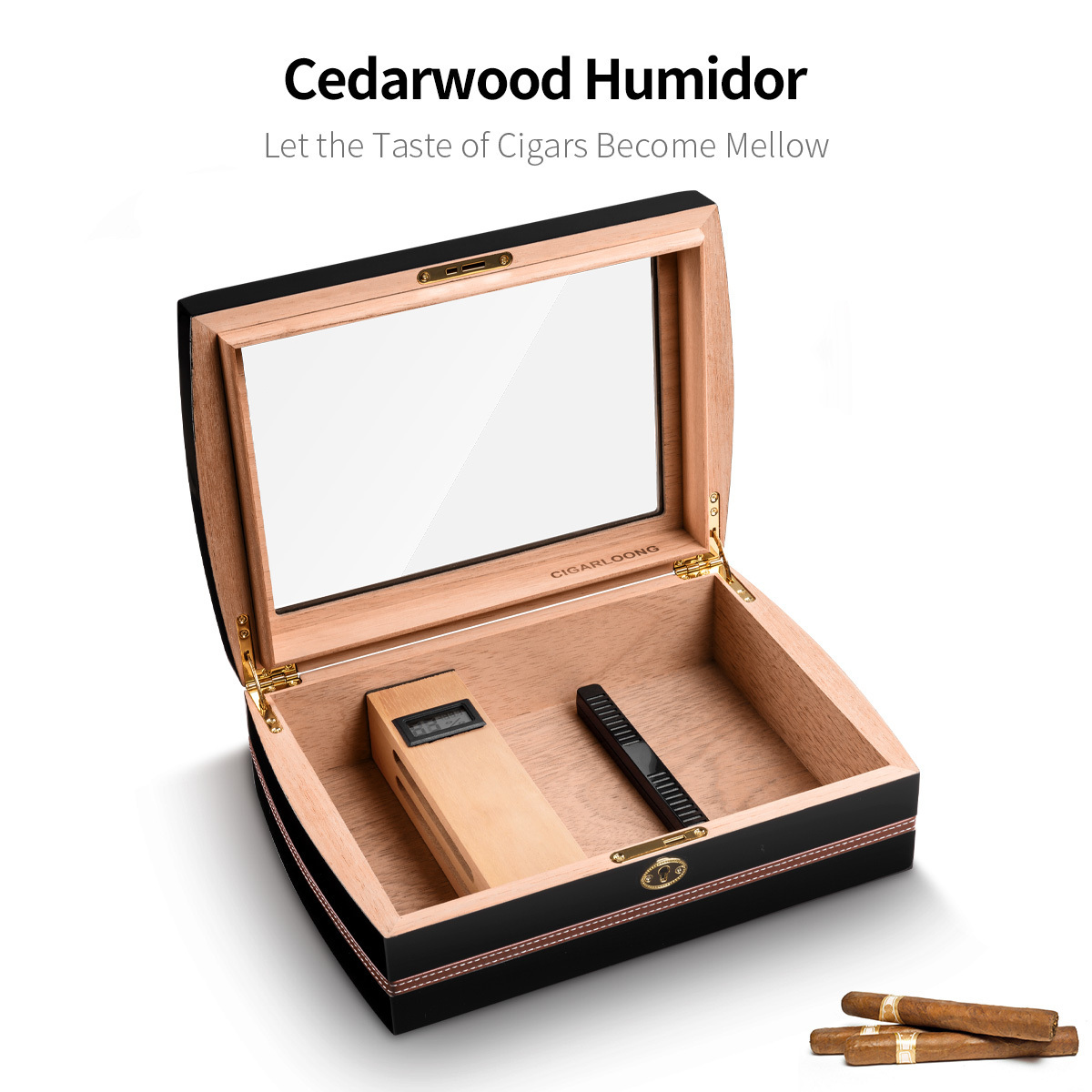 CIGARLOONG Luxury Wooden Glass Top Cedar Wood Lined Cigar Storage Case With Hygrometer humidor cigar box cabinet