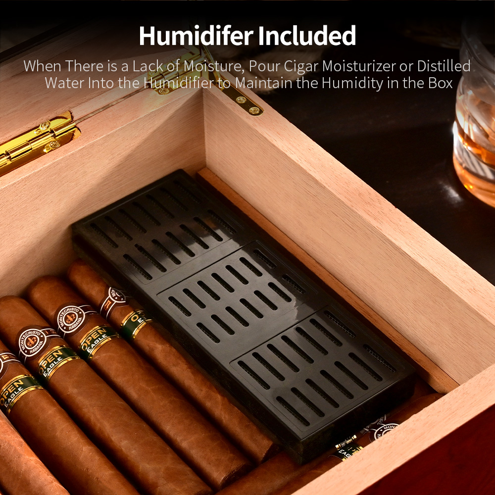 L CIGARLOONG Grain Metal Hinge Cigar box with Built-in Humidifier Cedar Wood Humidifier Cigar humidor