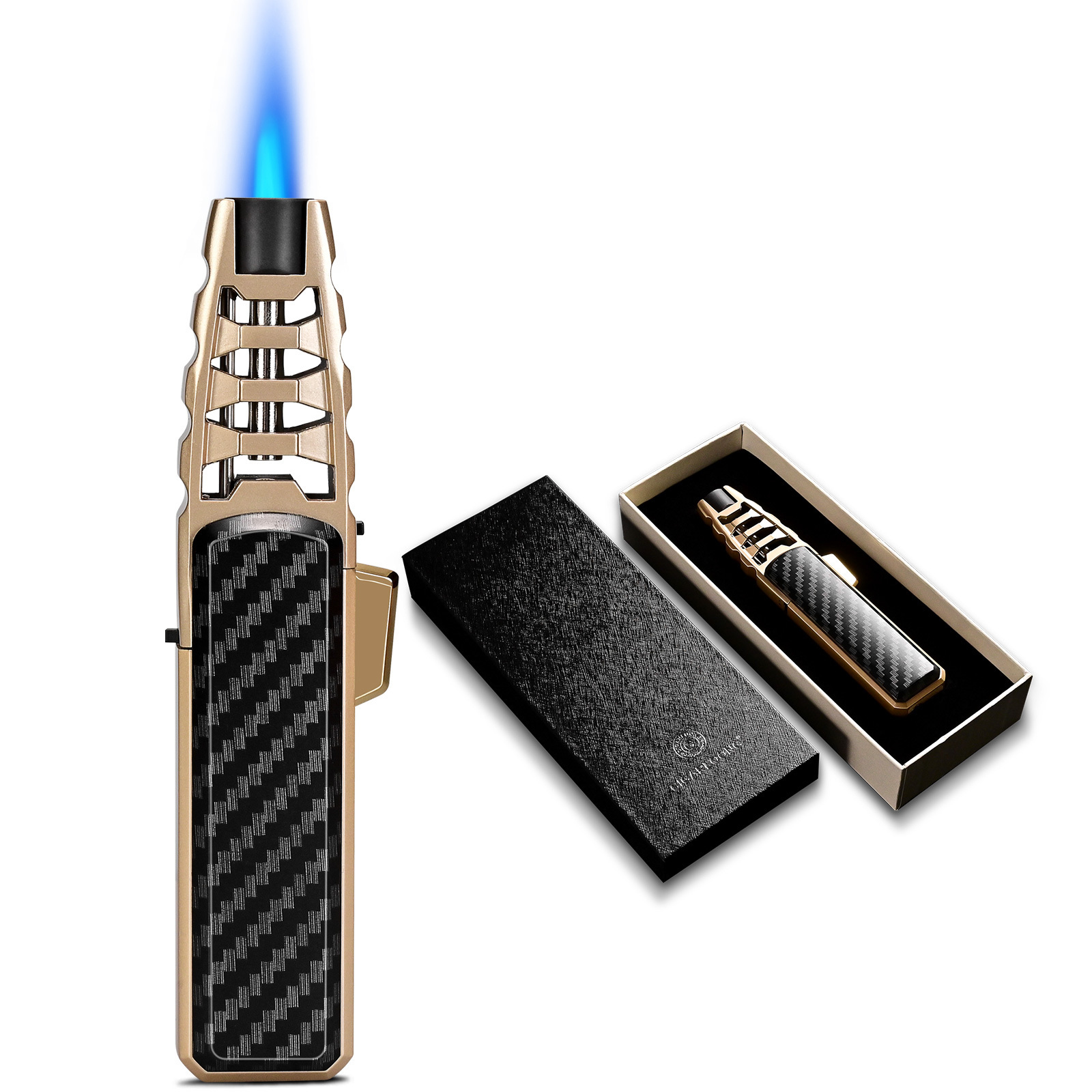 Cigar Big Jet Flames Fire Torch Lighter with Gift Box, Double Barrel Windproof Straight Punch Cigar Lighter