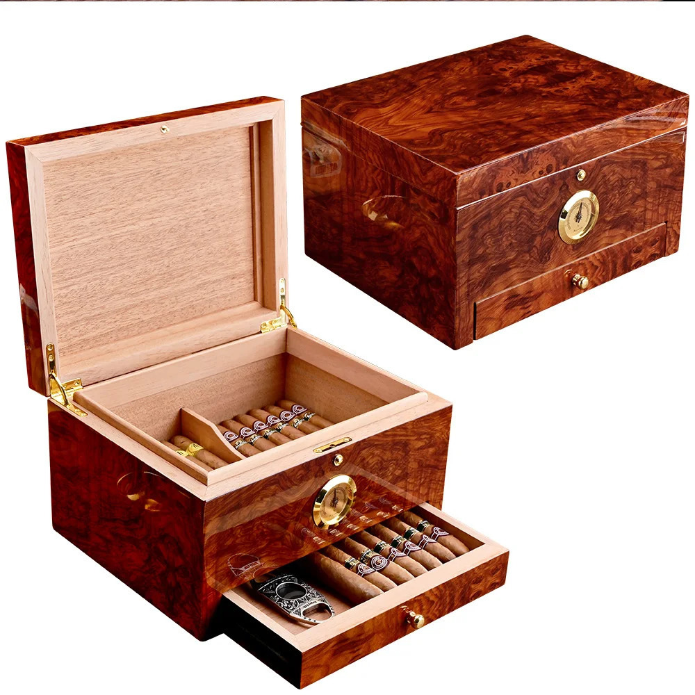 CIGARLOONG Large capacity cigar box for about 50 cigars, double compartment storage original wood grain cedar cigar humidor