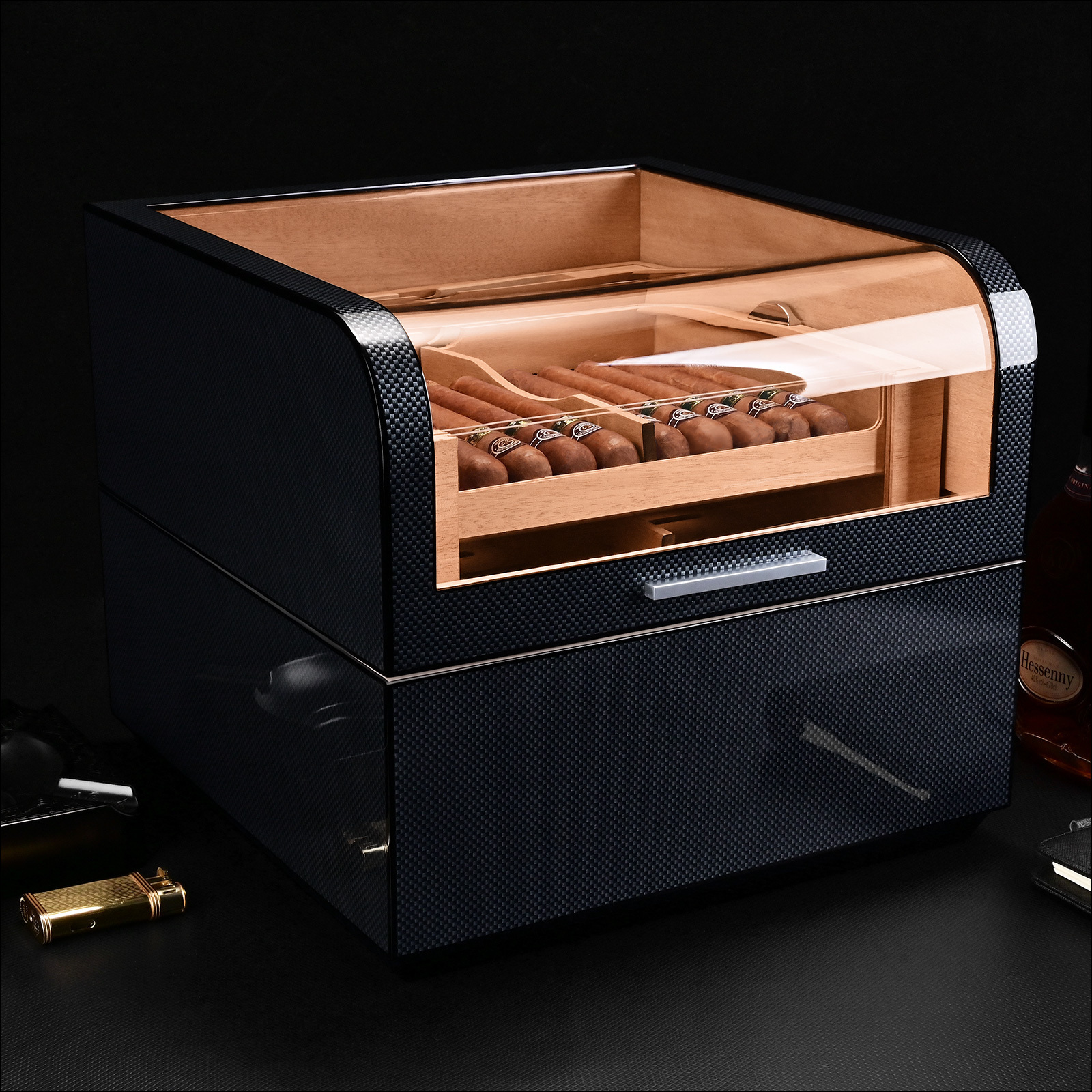 CIGARLOONG Glasstop commercial Cigar Humidor BlackCedar Wood Dispalying Box With Lock cigar cases/humidors