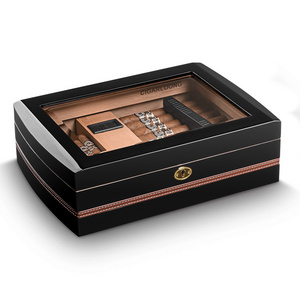 CIGARLOONG Luxury Wooden Glass Top Cedar Wood Lined Cigar Storage Case With Hygrometer humidor cigar box cabinet