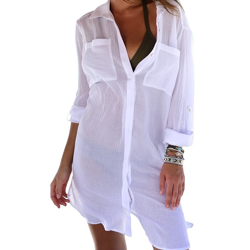 Women Clothing Beach Wear Swim Suit Long Shirt See Through White Beach Mesh Dress Bikini Cover up