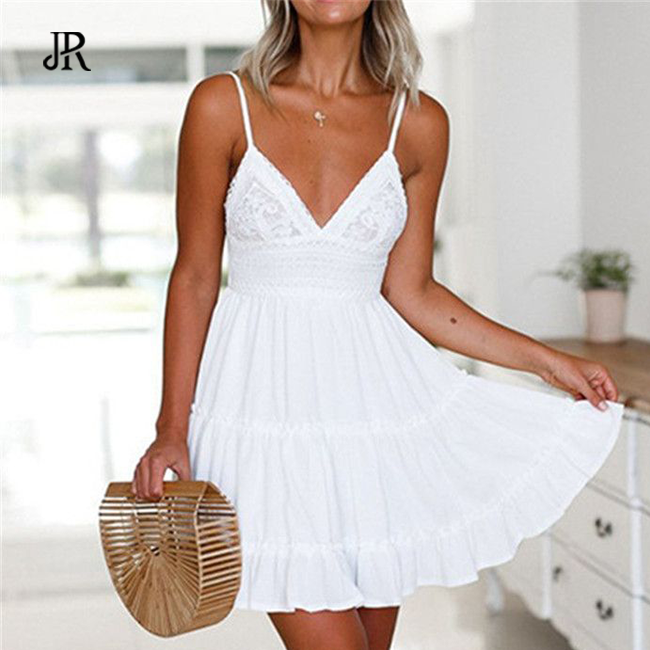 JIARUI 2023 Trendy Summer Sun Dress Women White Lace V Neck Backless Sleeveless Beach Mini Sundress Plus Size Casual Dresses