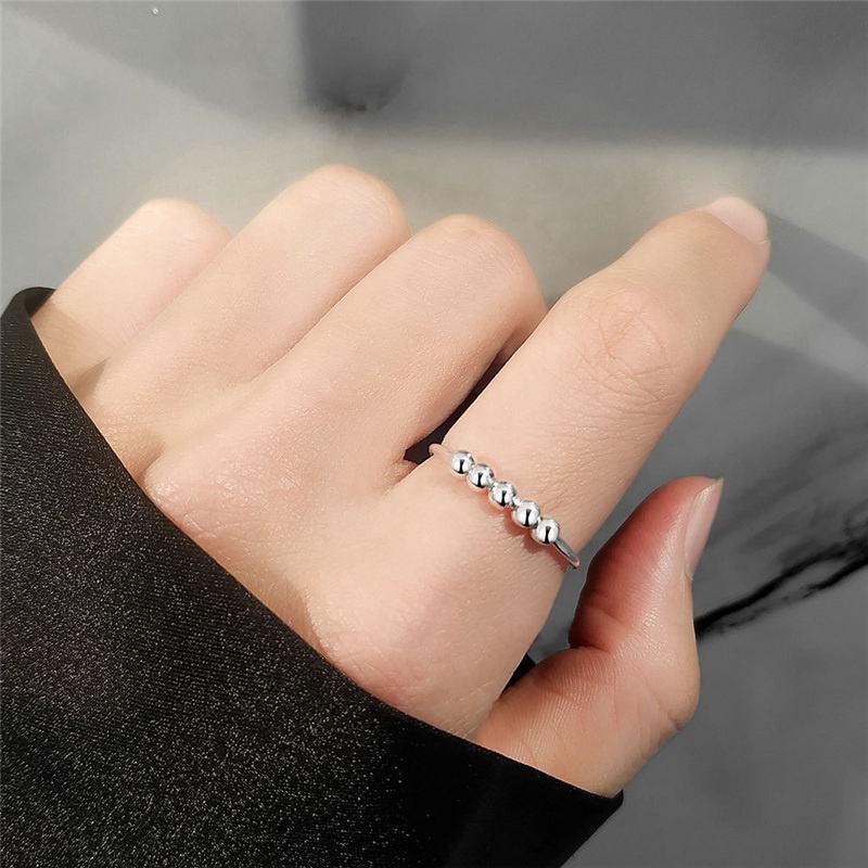 Trendy Women Jewelry Silver Color Reduce Anxiety Open Beaded Removable Stainless Steel Simple Many Beads Adjustable Fidget Ring