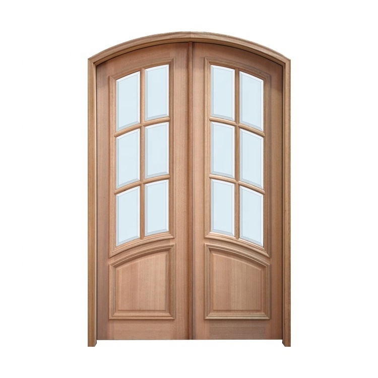 CASEN Hot Sale Luxury Style Villas Main Entrance Solid Timber Door Mahogany Round Arch French Exterior Glass Wood Door Design