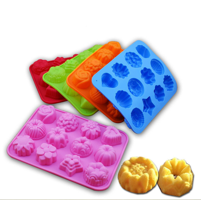 Non-stick flower shape muffin cups silicone baking supply tray round mini 12/24 cupcake muffin mold and tool