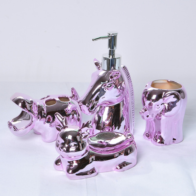 funny electroplate pink animal shape kids ceramic bathroom accessories set liquid soap dispenser toothbrush holder