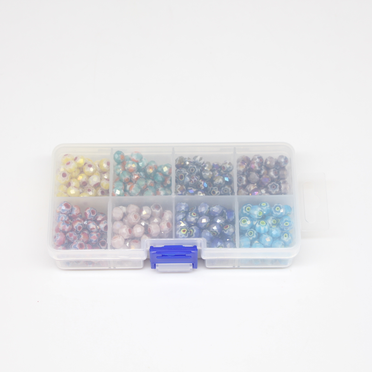 Faceted millefiori glass beads 8 colours with plastic box for jewelry making