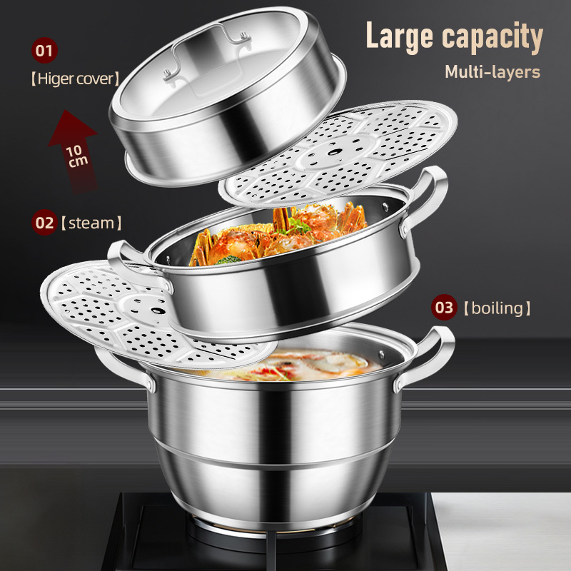 Factory Direct Stainless Steel  3 Layers Cookware Cooking Pot Restaurant Home Kitchen Steamer Pot