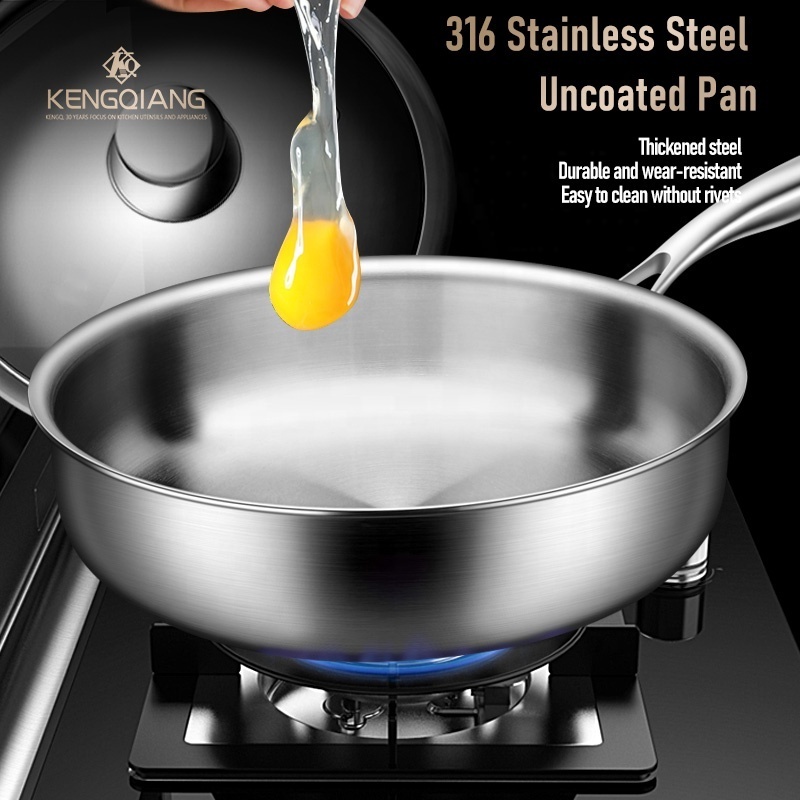 KENGQ Hot Selling Soup Sauce Frying Pan Snow Pan Steel Handle With Glass Lid 316 Stainless Steel Uncoated Nonstick Frying Pan