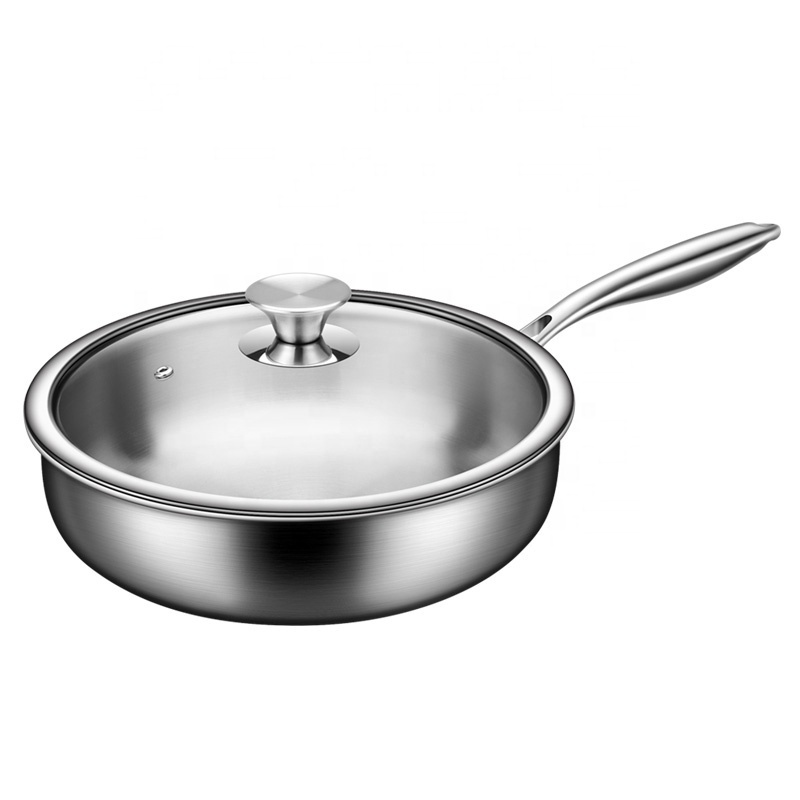 KENGQ Hot Selling Soup Sauce Frying Pan Snow Pan Steel Handle With Glass Lid 316 Stainless Steel Uncoated Nonstick Frying Pan