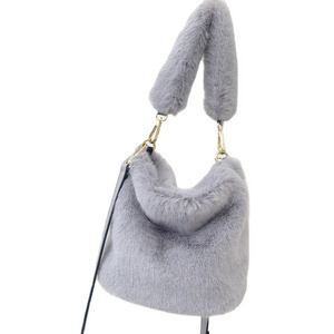 Jtfur Wholesale high quality women fashion faux fur handbag ladies pure color fur bucket bag