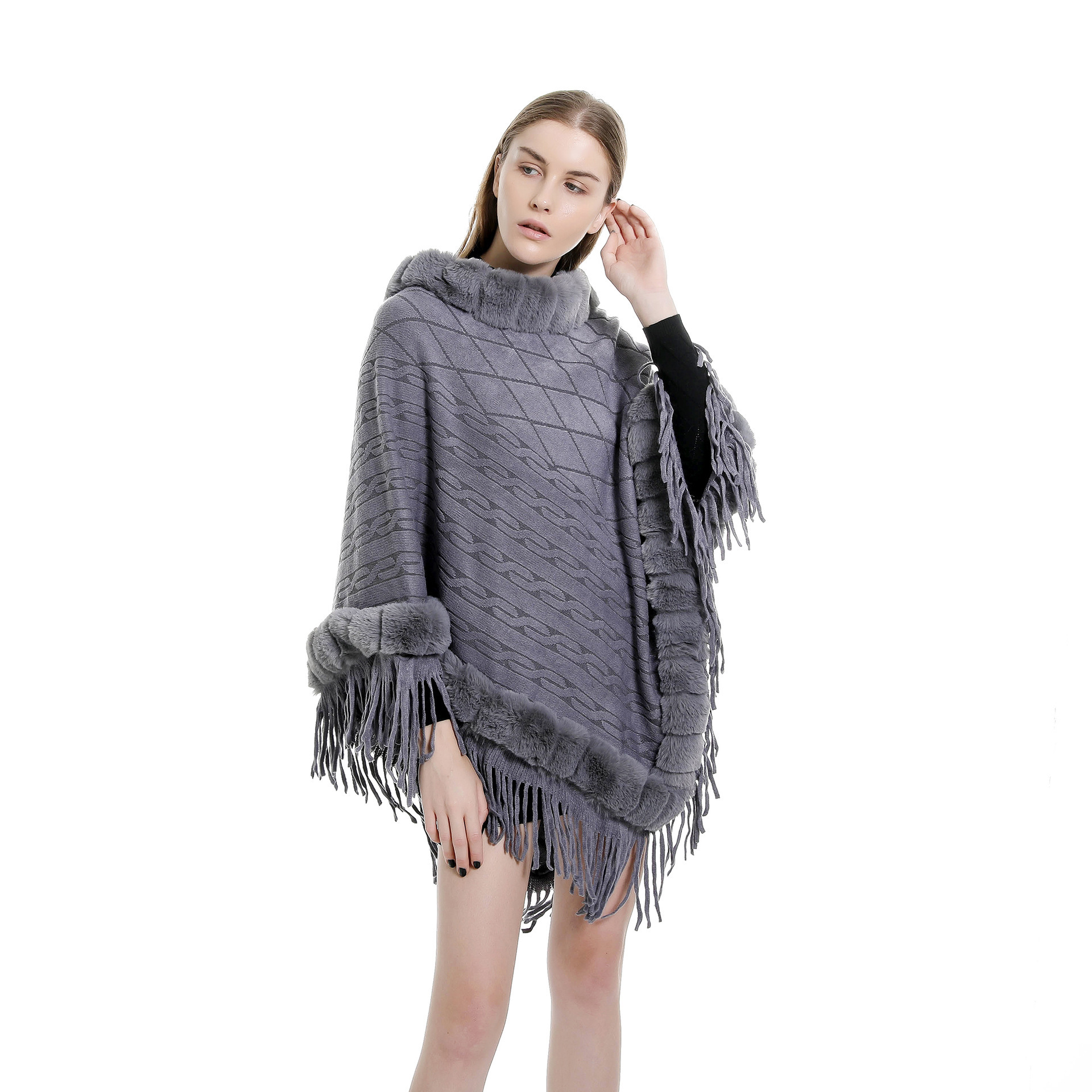 Jtfur Factory direct sales women pure color fur collar lady faux cashmere pashmina shawl