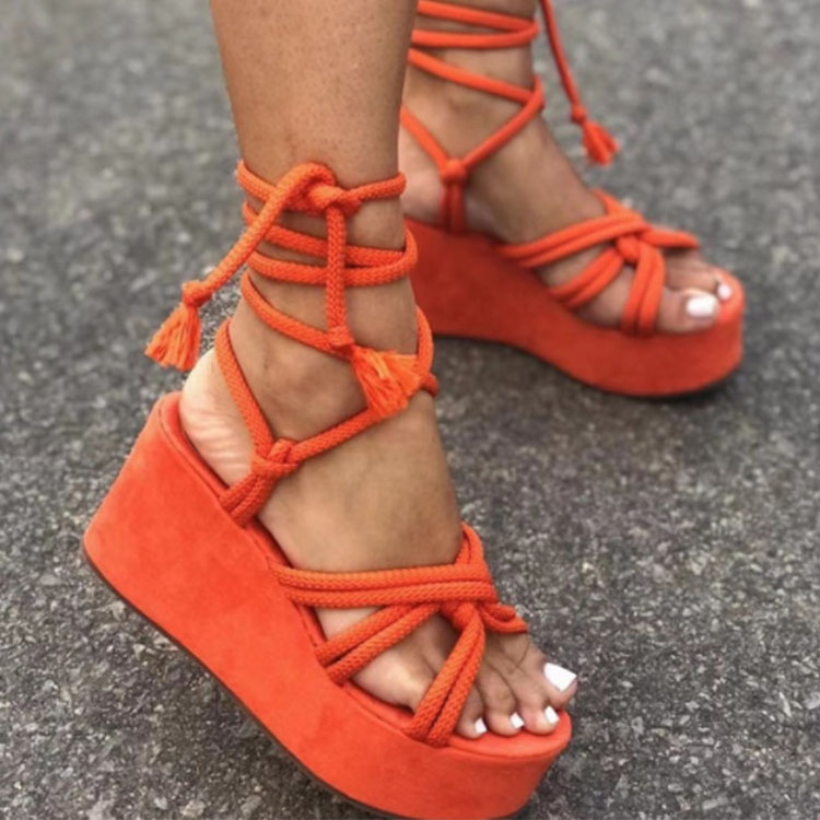 Fashion girls' casual bandage sandals thick soled high heels women's flat shoes linen rope sandals