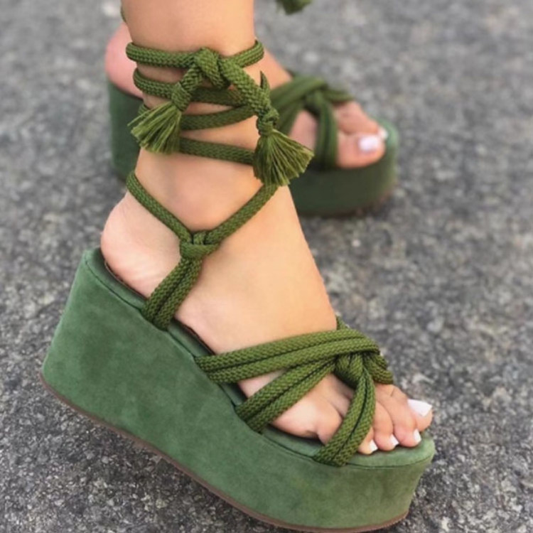 Fashion girls' casual bandage sandals thick soled high heels women's flat shoes linen rope sandals