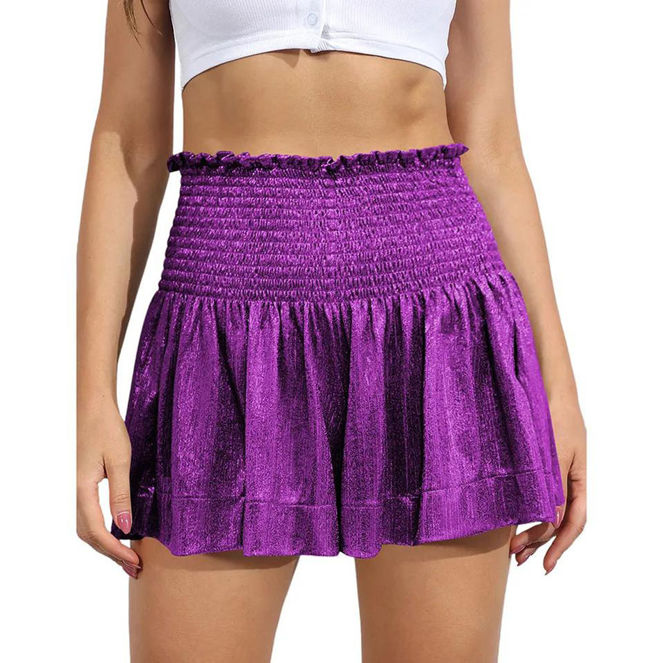 Summer Elastic Waist Mardi Grad Purple Shiny Women Swing Shorts Factory Polyester Purple Sparkly Women's Shorts