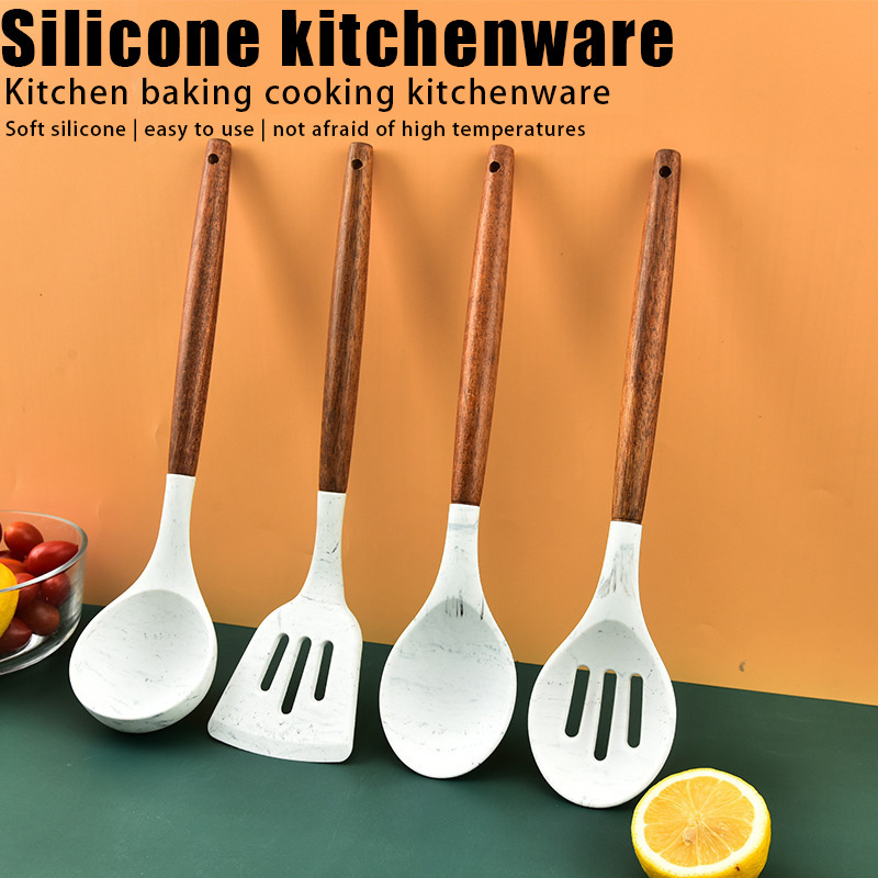 Wholesale wooden handle silicone kitchenware set silicone spatula cooking spoon seven-piece kitchen utensils