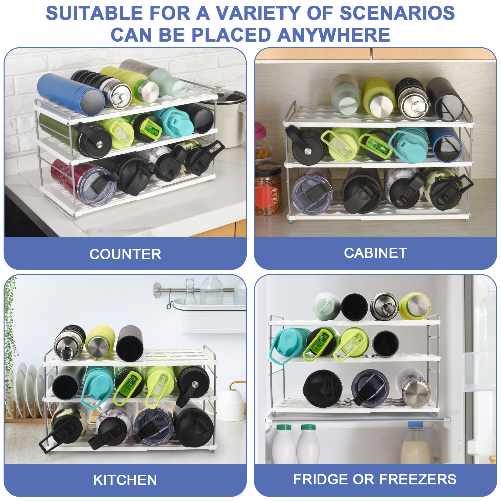 Adjustable and expandable Bottle Organizer, Food Storage Tissue Storage Rack 3 shelves suitable for kitchen