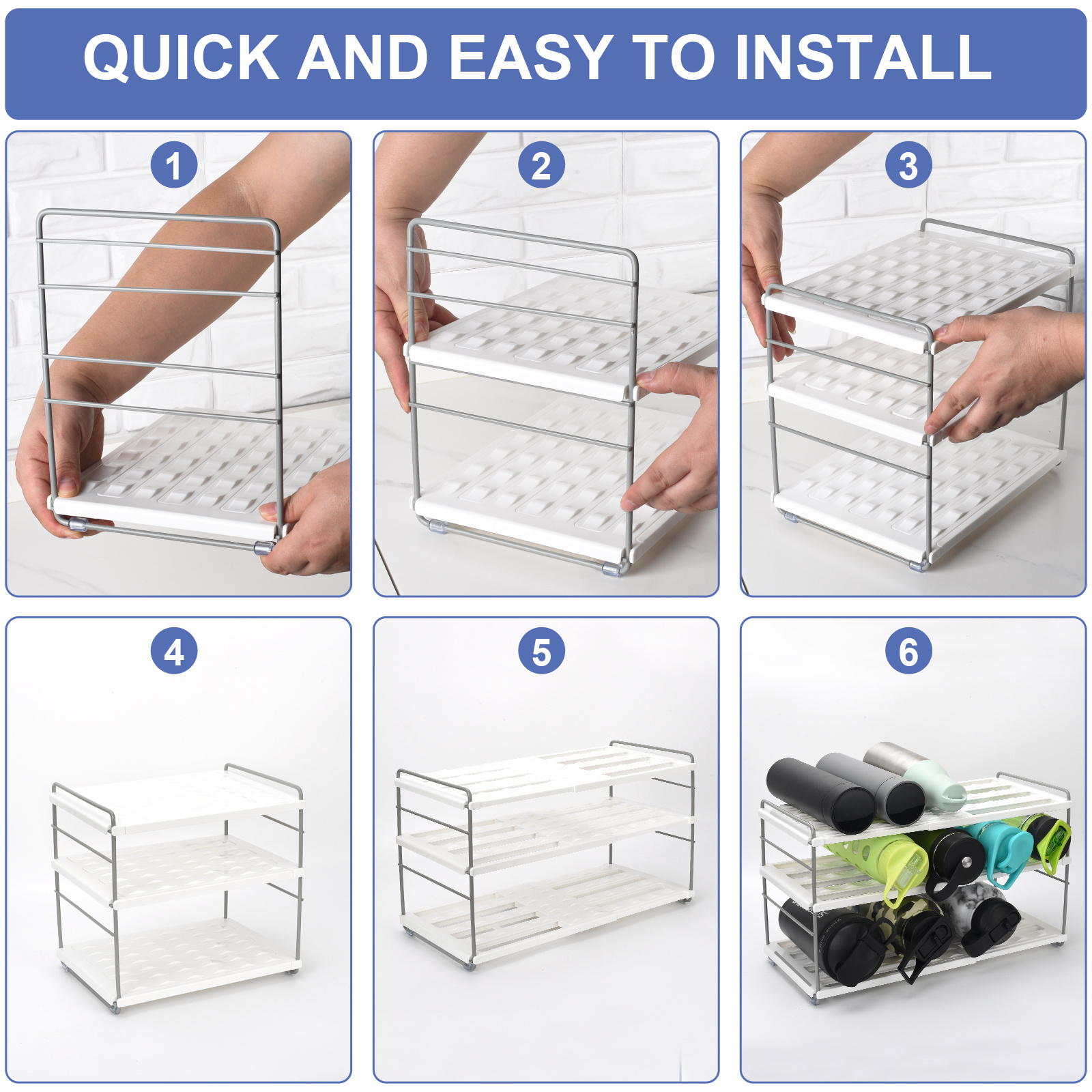 Adjustable and expandable Bottle Organizer, Food Storage Tissue Storage Rack 3 shelves suitable for kitchen