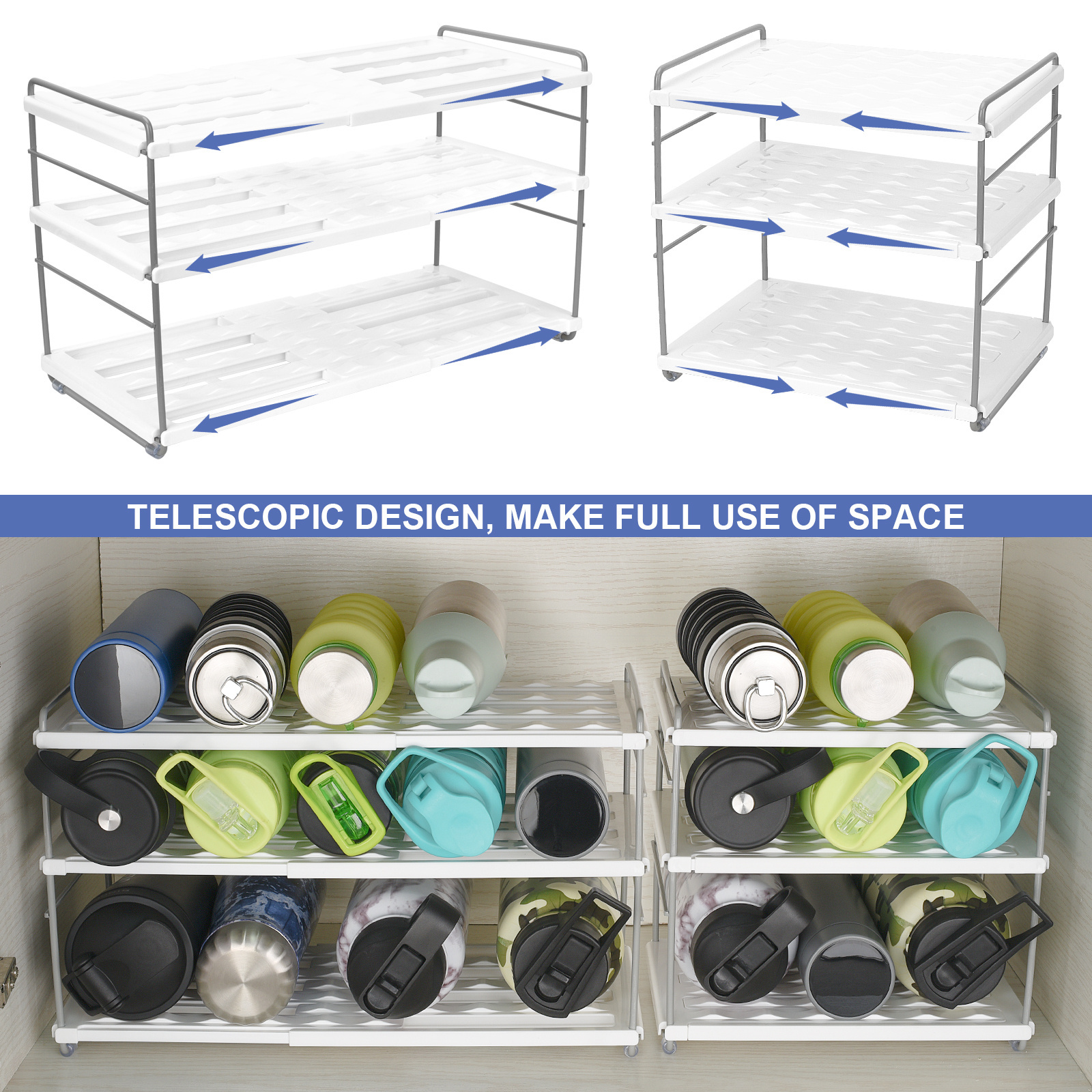 Adjustable and expandable Bottle Organizer, Food Storage Tissue Storage Rack 3 shelves suitable for kitchen