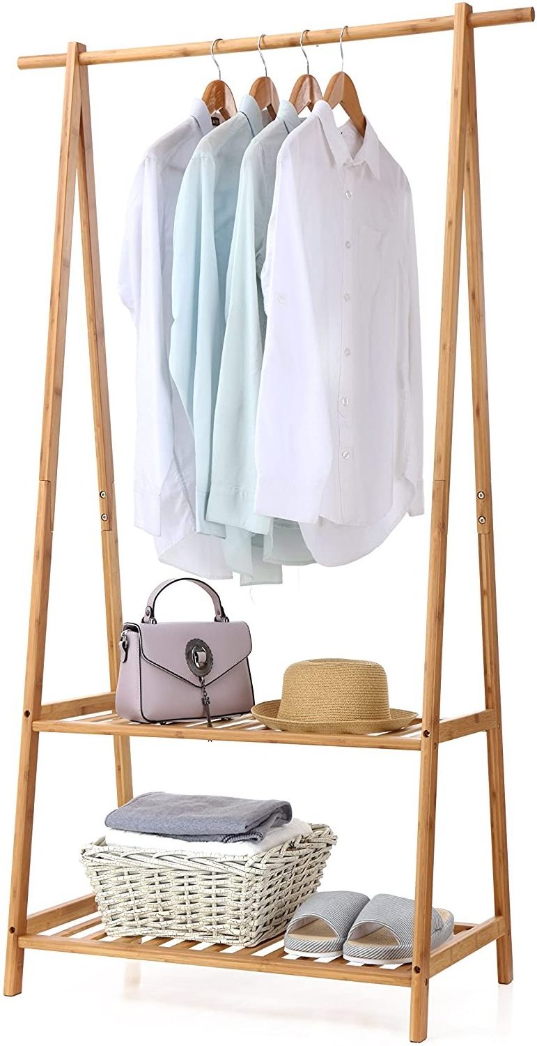 Bamboo Wood Clothing Garment Rack with Shelves Clothes Hanging Rack Stand for Child Kids Adults Cloth Shoe Coat