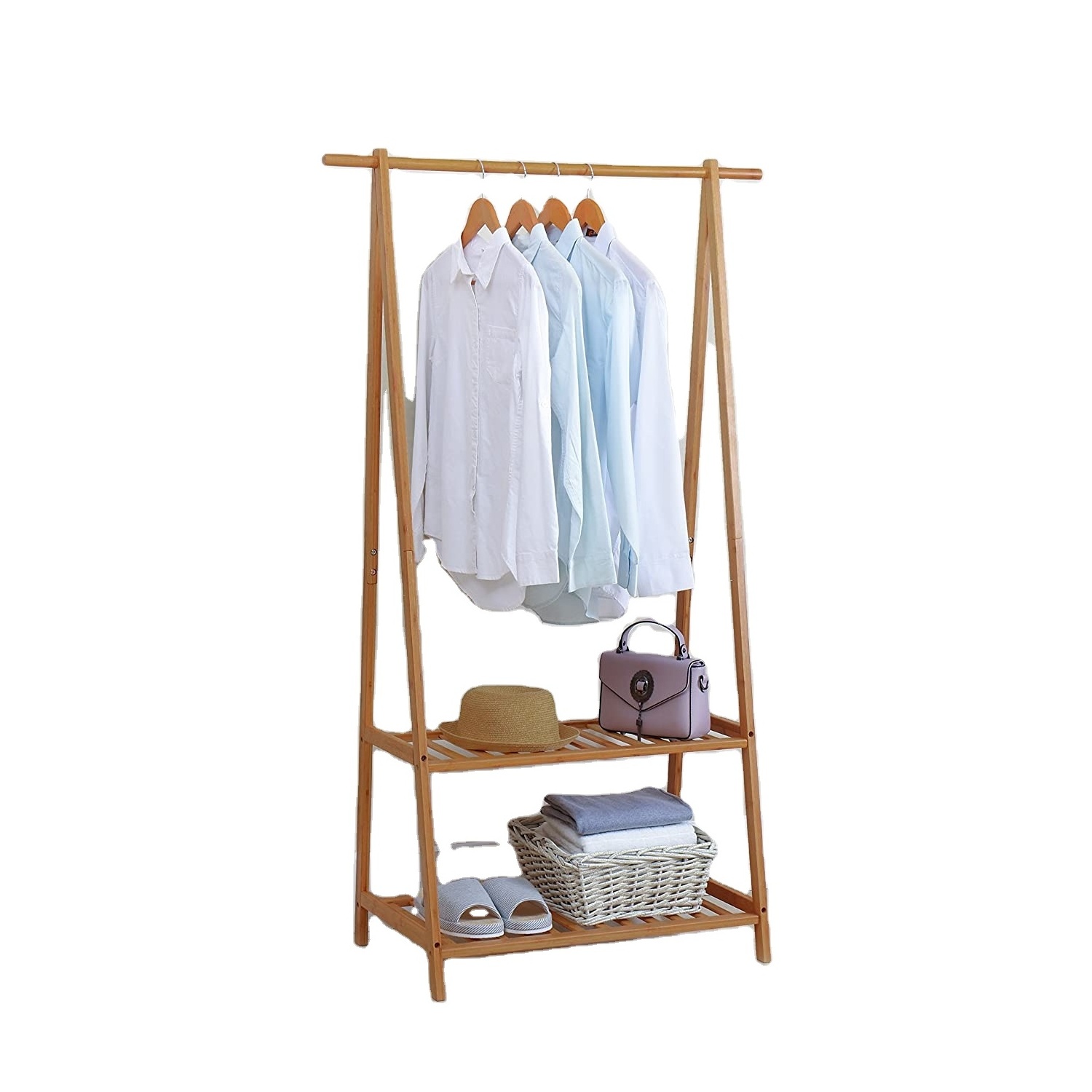 Bamboo Wood Clothing Garment Rack with Shelves Clothes Hanging Rack Stand for Child Kids Adults Cloth Shoe Coat