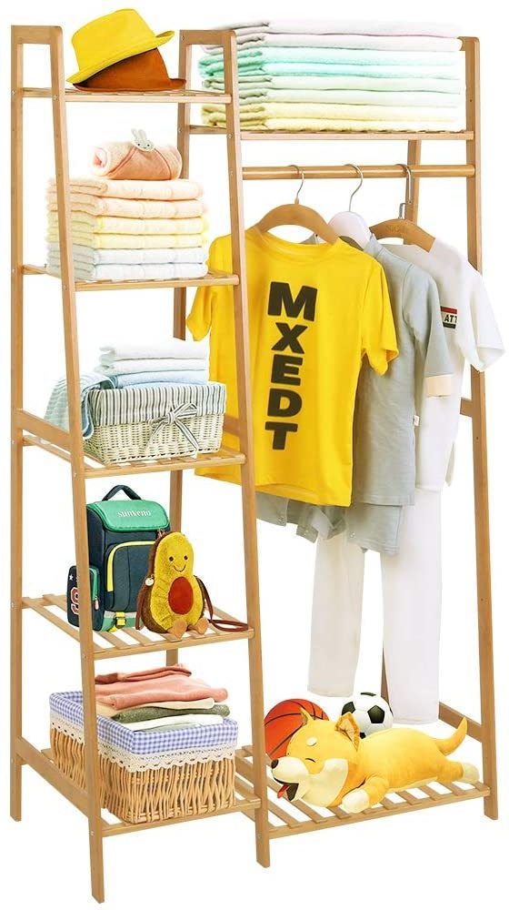 5 Tiers Storage Bamboo Coat Rack Clothing Racks with Hanging Rod for Bedroom Dressing Room Clothes Hanger Stand Furniture