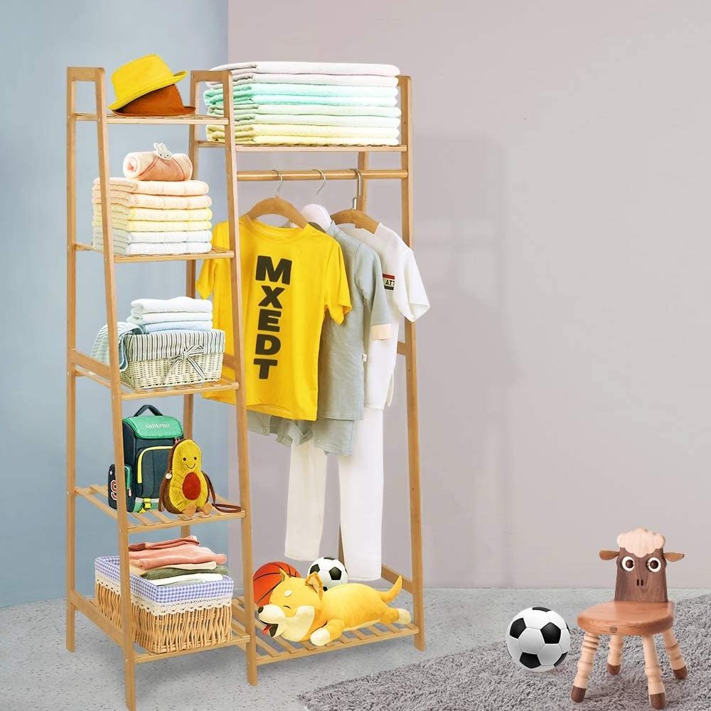 5 Tiers Storage Bamboo Coat Rack Clothing Racks with Hanging Rod for Bedroom Dressing Room Clothes Hanger Stand Furniture