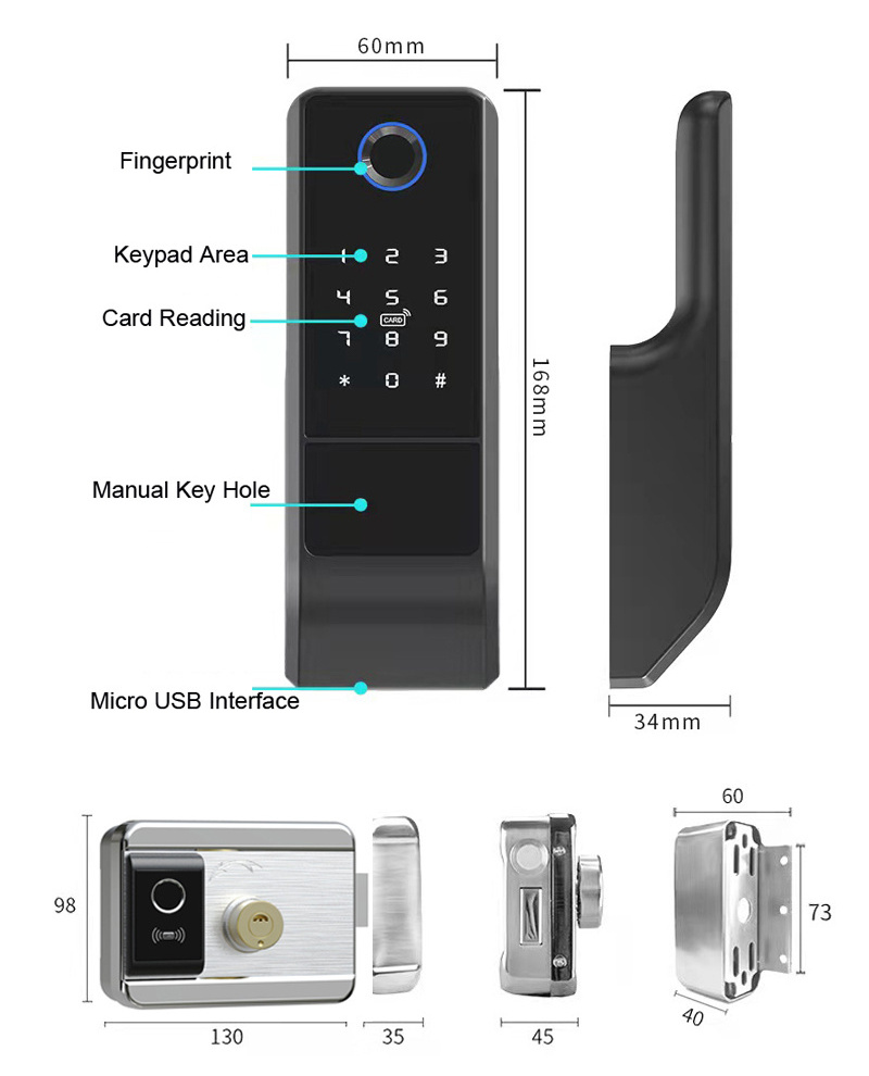 Waterproof Tuya Wifi Smart Door Lock Digital Password Double Fingerprint Electronic Rim Lock For Outdoor Iron Gate Door