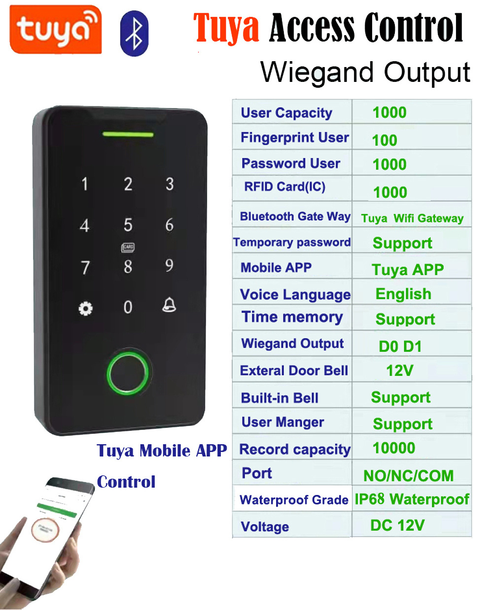 Rfid Card Reader Waterproof Wifi Tuya APP Door Access Control Kits Door Entry Access Controller Fingerprint Current OEM, ODM