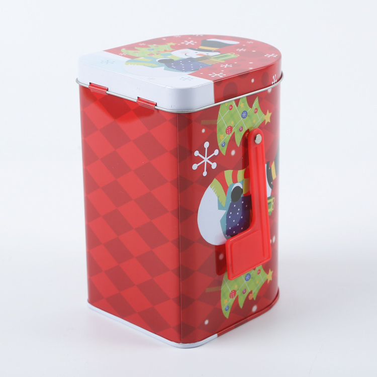 Christmas gift packaging tin box with flag and hinged lid